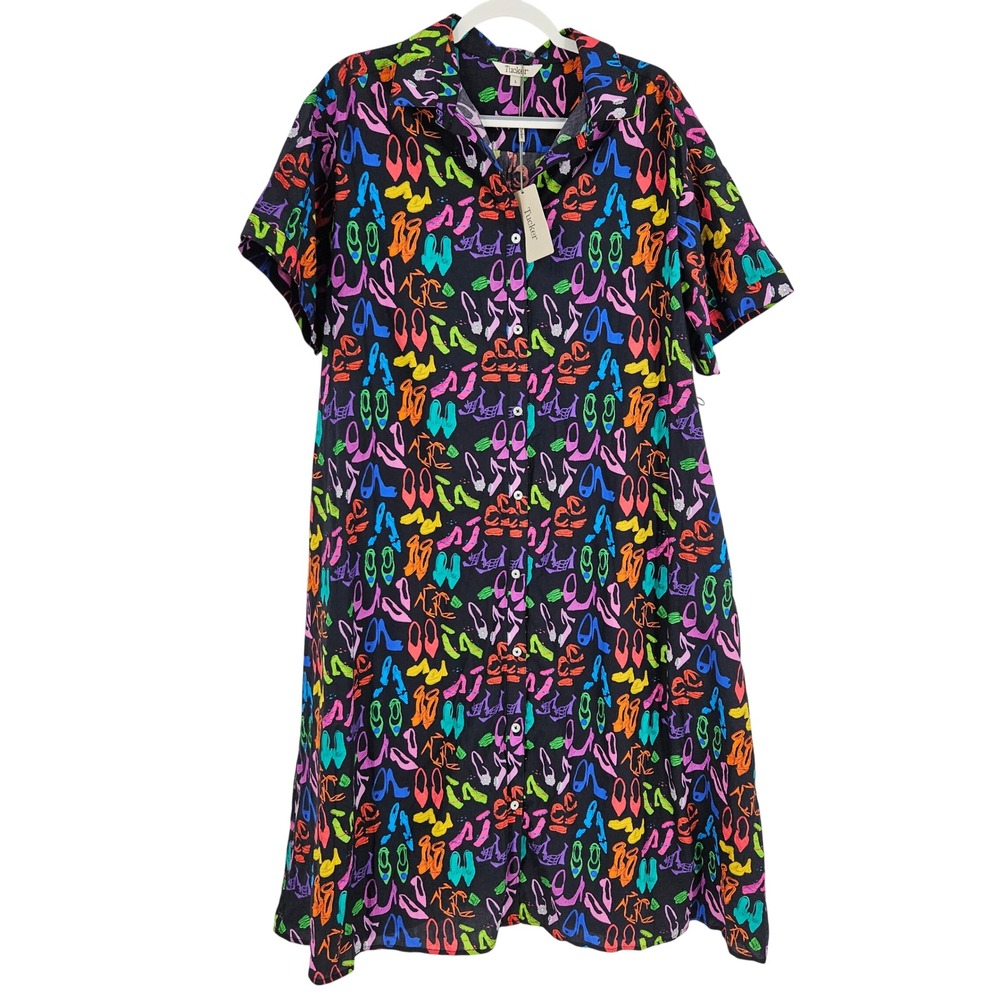 Tucker NYC Sarah Shirtdress Black Shoe Print Midi Art to wear fun Preppy NWT L